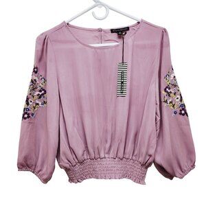 Womens Embroidered Sleeve Mauve Blouse With Smocked Hem By Haute Monde Size S